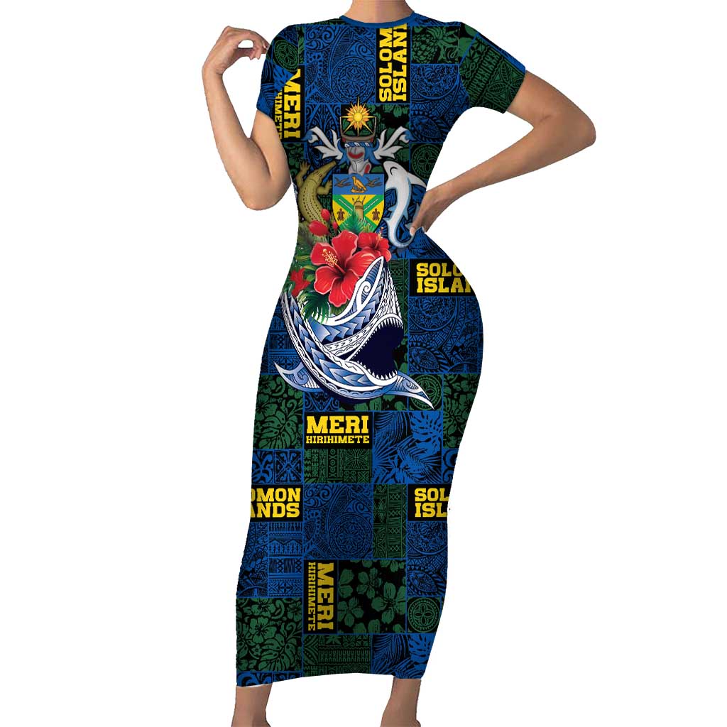 Solomon Islands Meri Kirihimete Short Sleeve Bodycon Dress Funny Santa Riding Shark LT9 Long Dress Blue - Polynesian Pride