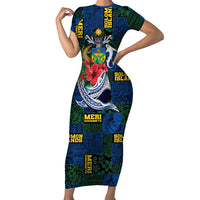 Solomon Islands Meri Kirihimete Short Sleeve Bodycon Dress Funny Santa Riding Shark LT9 Long Dress Blue - Polynesian Pride