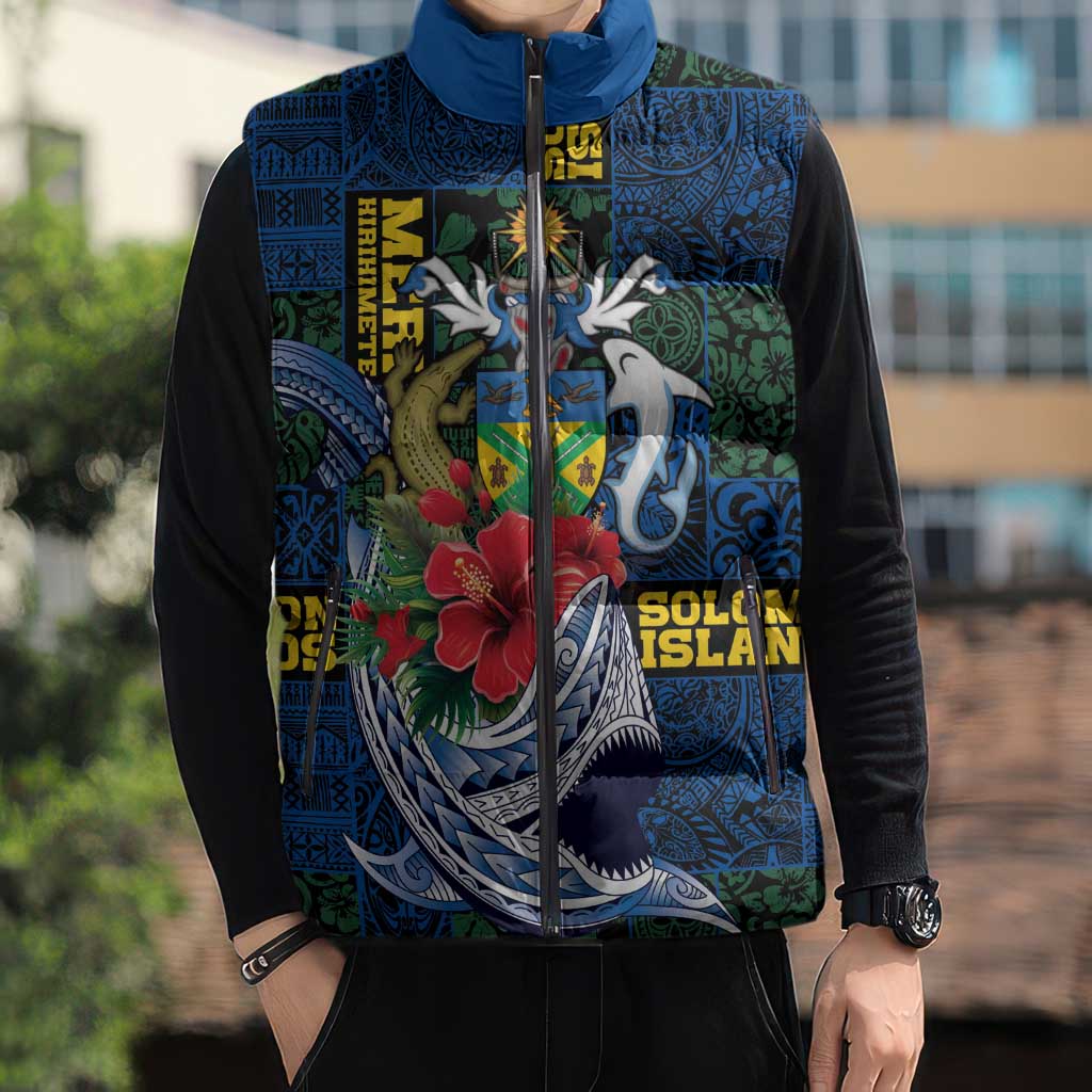 Solomon Islands Meri Kirihimete Sleeveless Puffer Jacket Funny Santa Riding Shark - Polynesian Pride
