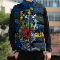 Solomon Islands Meri Kirihimete Sleeveless Puffer Jacket Funny Santa Riding Shark - Polynesian Pride