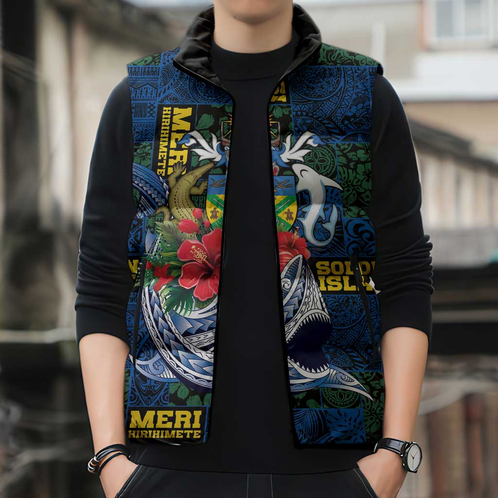 Solomon Islands Meri Kirihimete Sleeveless Puffer Jacket Funny Santa Riding Shark - Polynesian Pride