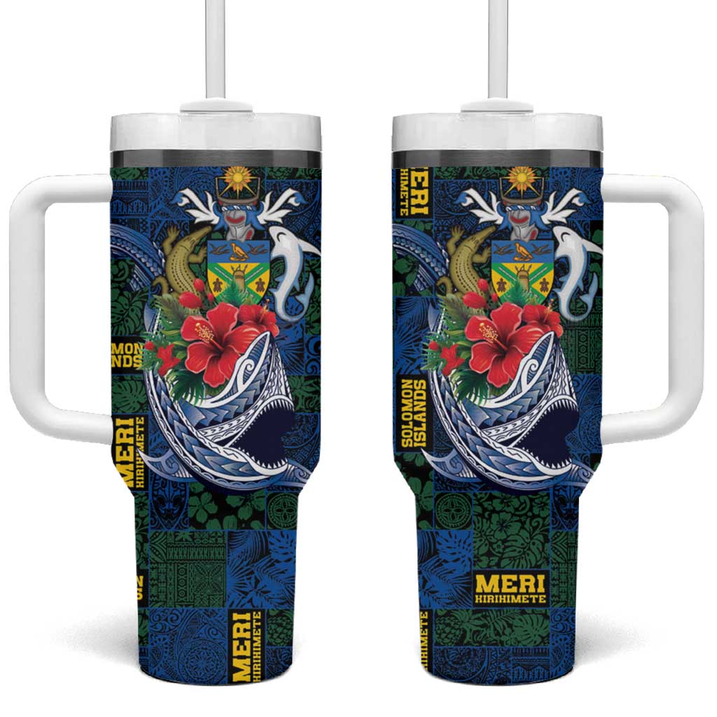 Solomon Islands Meri Kirihimete Tumbler With Handle Funny Santa Riding Shark LT9 One Size: 40 oz Blue - Polynesian Pride