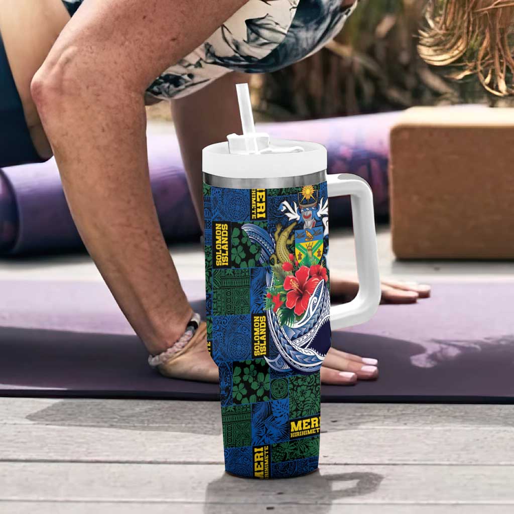 Solomon Islands Meri Kirihimete Tumbler With Handle Funny Santa Riding Shark LT9 - Polynesian Pride