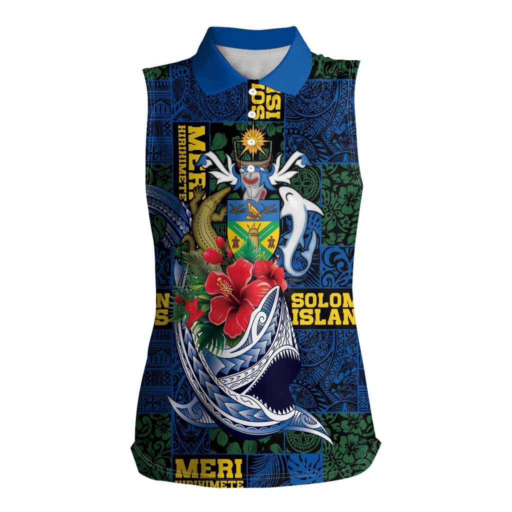 Solomon Islands Meri Kirihimete Women Sleeveless Polo Shirt Funny Santa Riding Shark LT9 Female Blue - Polynesian Pride