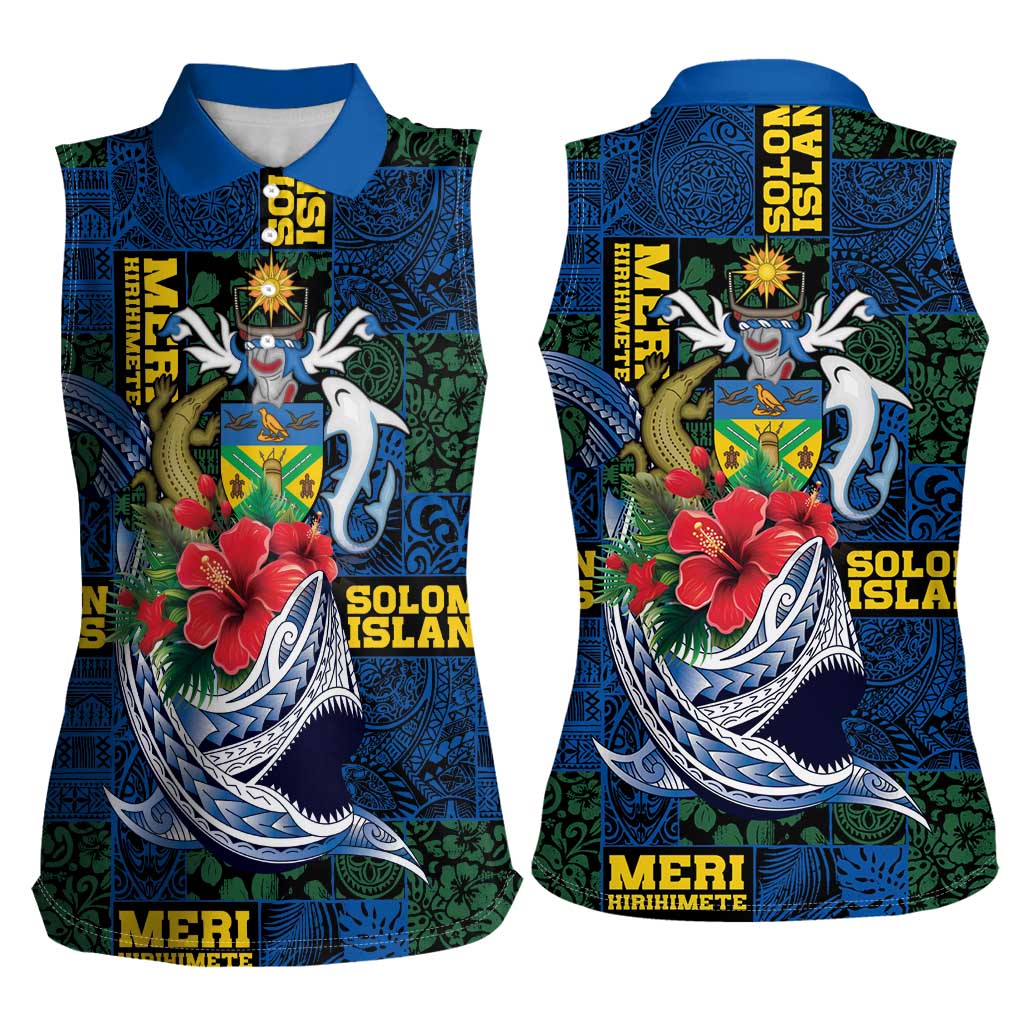 Solomon Islands Meri Kirihimete Women Sleeveless Polo Shirt Funny Santa Riding Shark LT9 - Polynesian Pride