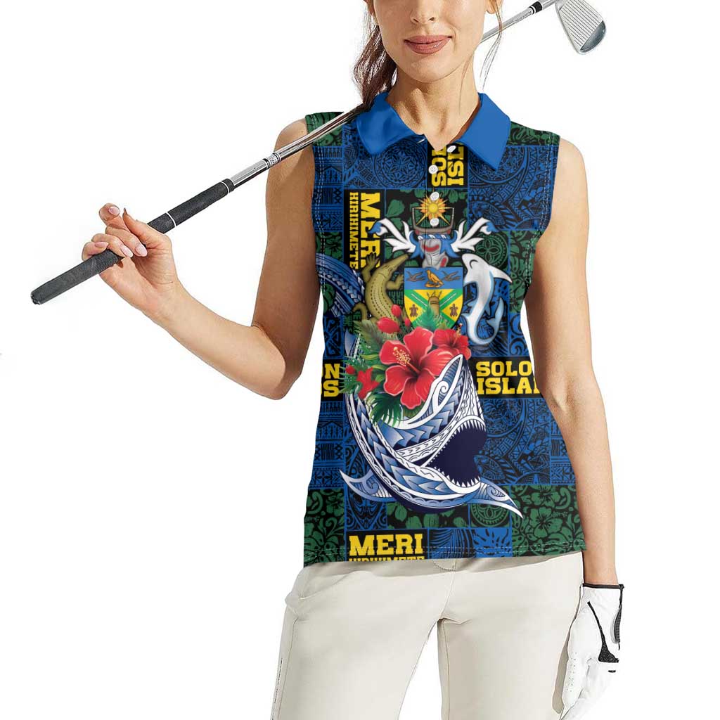 Solomon Islands Meri Kirihimete Women Sleeveless Polo Shirt Funny Santa Riding Shark LT9 - Polynesian Pride