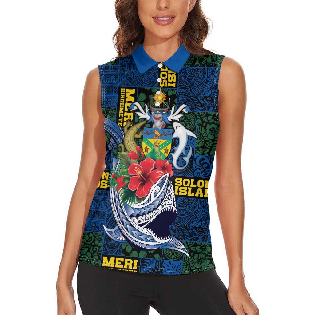 Solomon Islands Meri Kirihimete Women Sleeveless Polo Shirt Funny Santa Riding Shark LT9 - Polynesian Pride