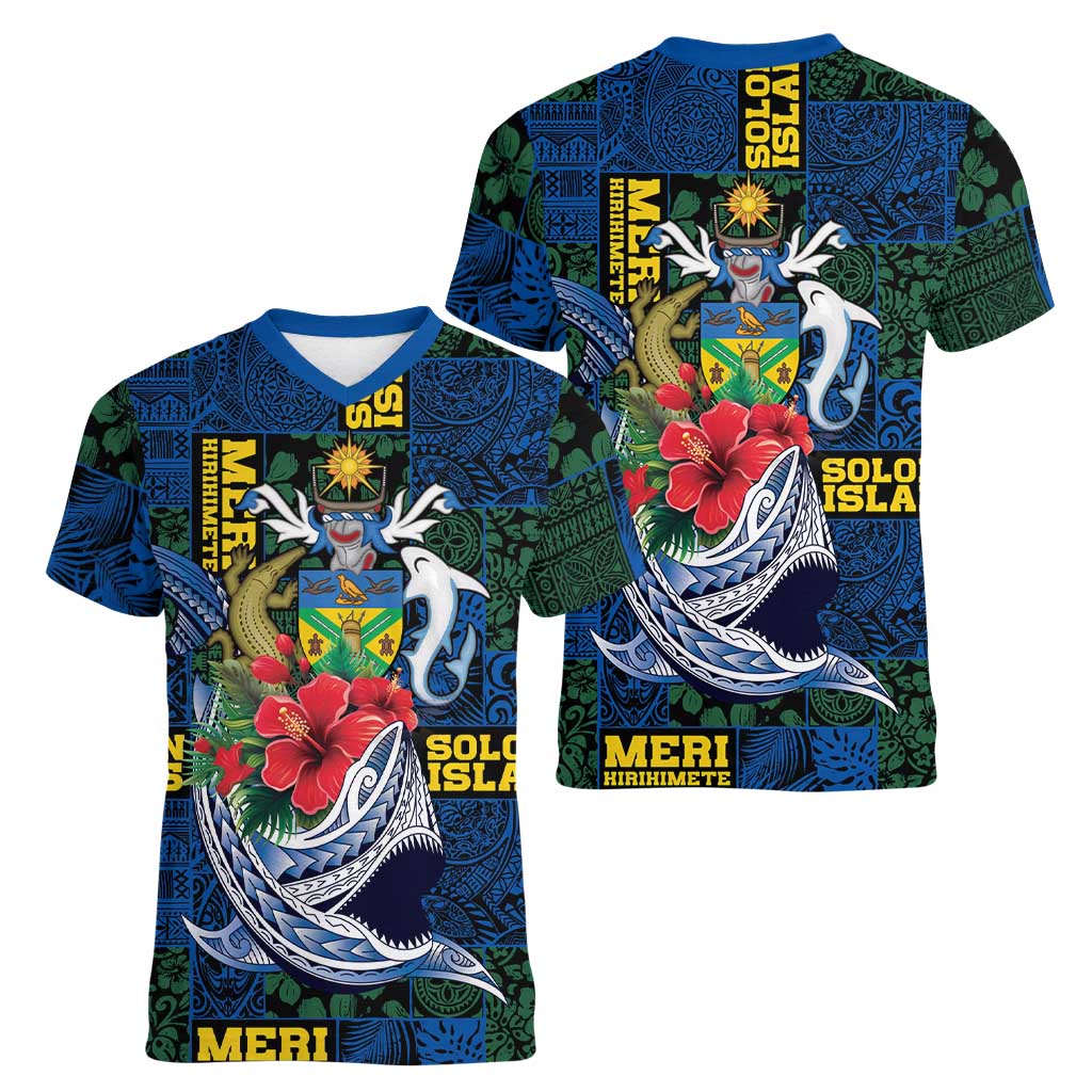 Solomon Islands Meri Kirihimete Women V-Neck T-Shirt Funny Santa Riding Shark LT9 - Polynesian Pride