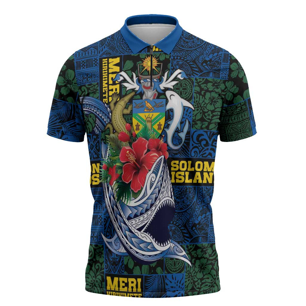 Solomon Islands Meri Kirihimete Zipper Polo Shirt Funny Santa Riding Shark - Polynesian Pride