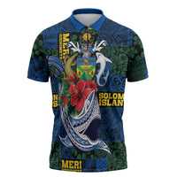 Solomon Islands Meri Kirihimete Zipper Polo Shirt Funny Santa Riding Shark - Polynesian Pride