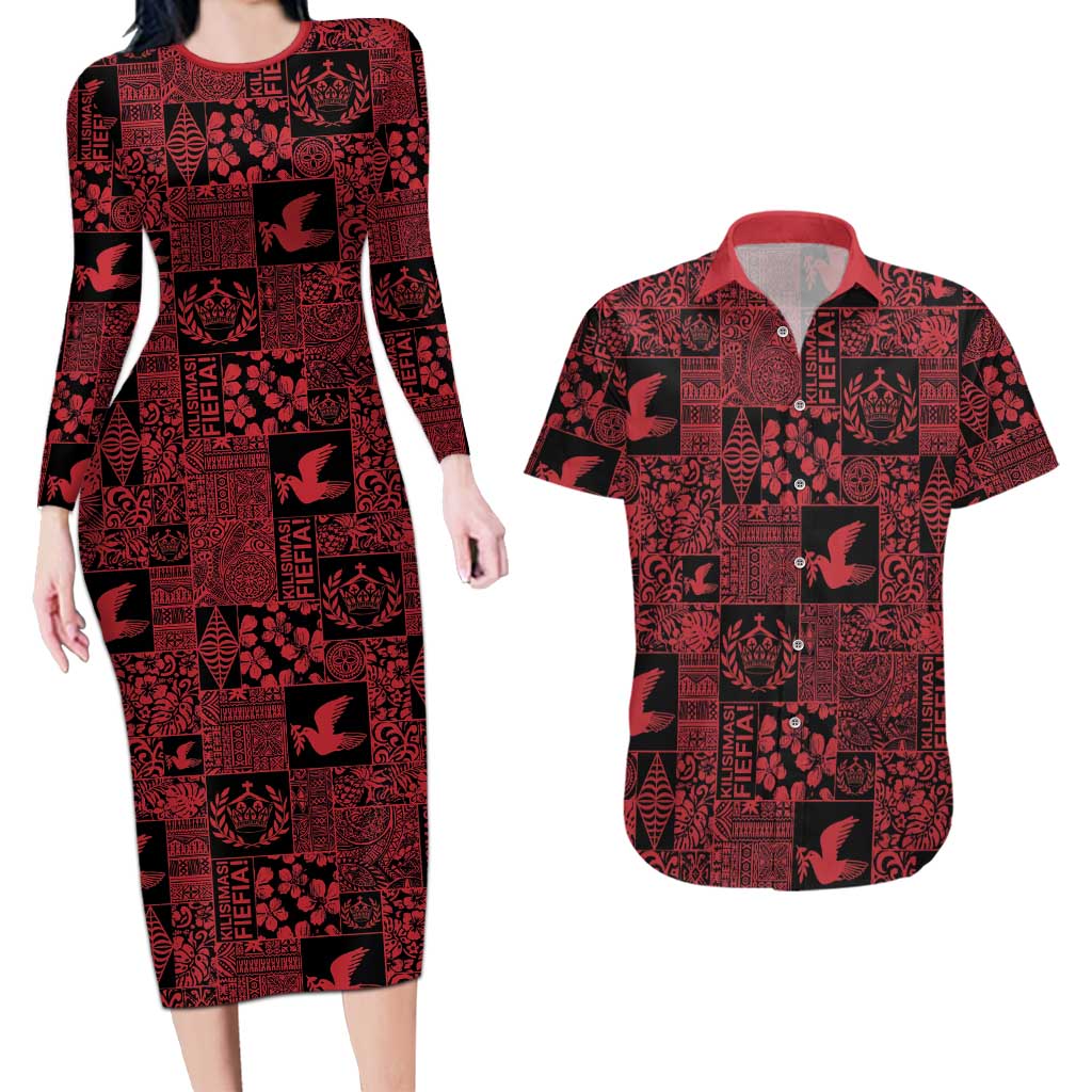 Black Tonga Kilisimasi Fiefia Couples Matching Long Sleeve Bodycon Dress and Hawaiian Shirt Pacific Patchwork Xmas Vibes - Polynesian Pride