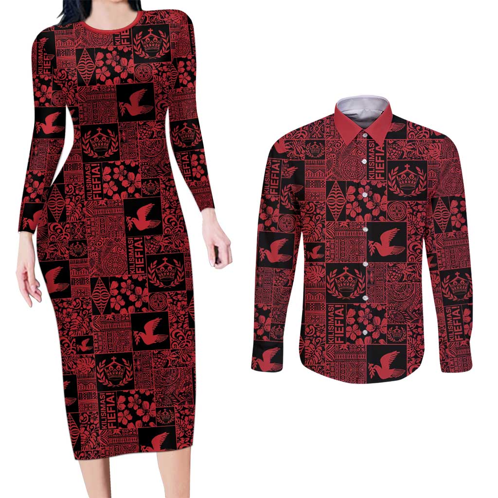 Black Tonga Kilisimasi Fiefia Couples Matching Long Sleeve Bodycon Dress and Long Sleeve Button Shirt Pacific Patchwork Xmas Vibes LT9 Black - Polynesian Pride
