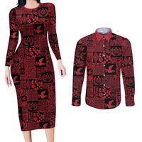 Black Tonga Kilisimasi Fiefia Couples Matching Long Sleeve Bodycon Dress and Long Sleeve Button Shirt Pacific Patchwork Xmas Vibes LT9 Black - Polynesian Pride