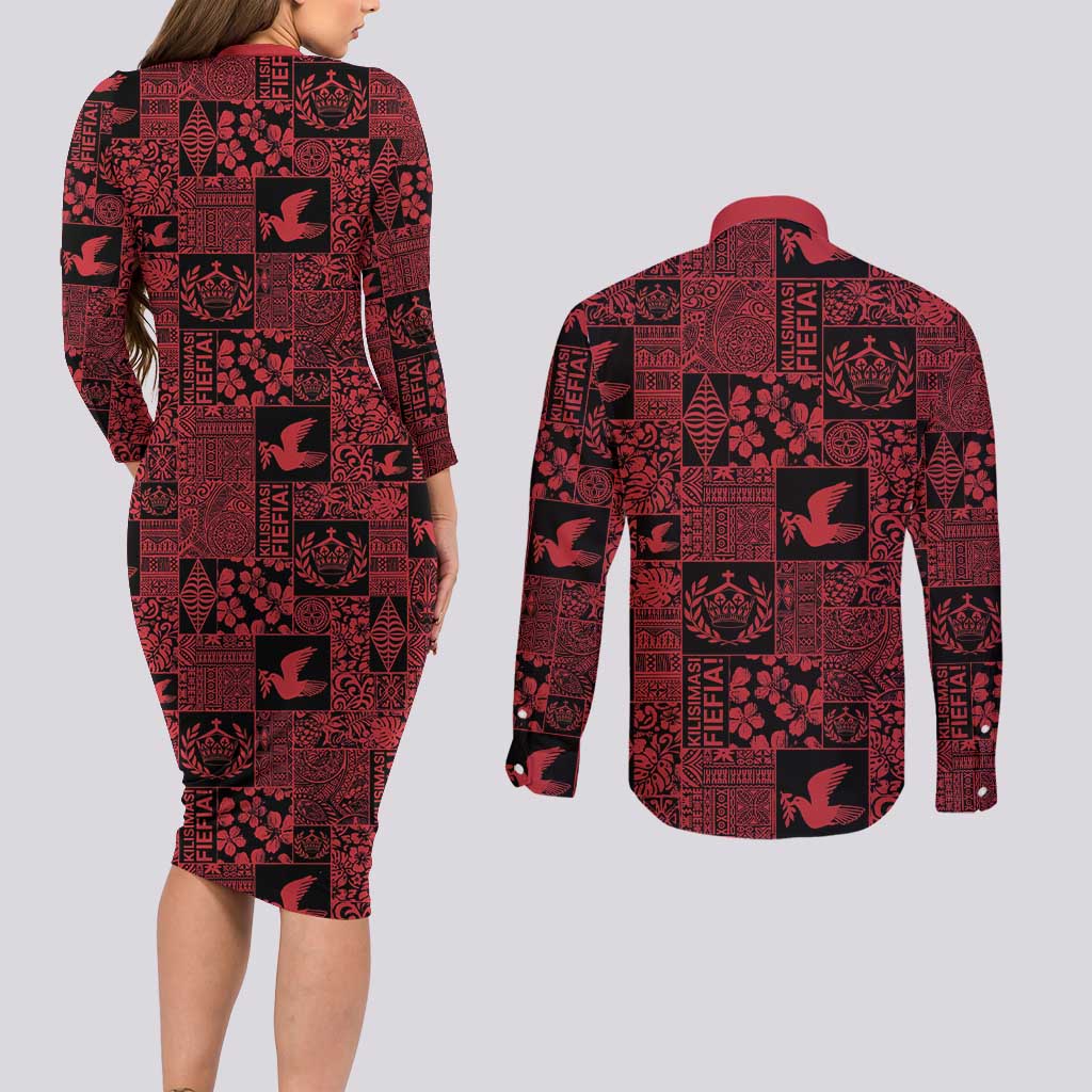 Black Tonga Kilisimasi Fiefia Couples Matching Long Sleeve Bodycon Dress and Long Sleeve Button Shirt Pacific Patchwork Xmas Vibes LT9 - Polynesian Pride