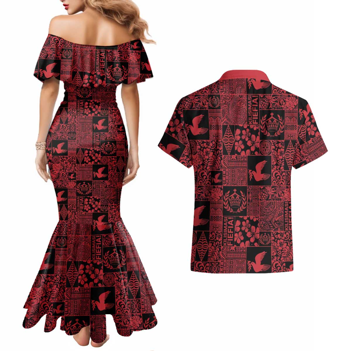 Black Tonga Kilisimasi Fiefia Couples Matching Mermaid Dress and Hawaiian Shirt Pacific Patchwork Xmas Vibes LT9 - Polynesian Pride