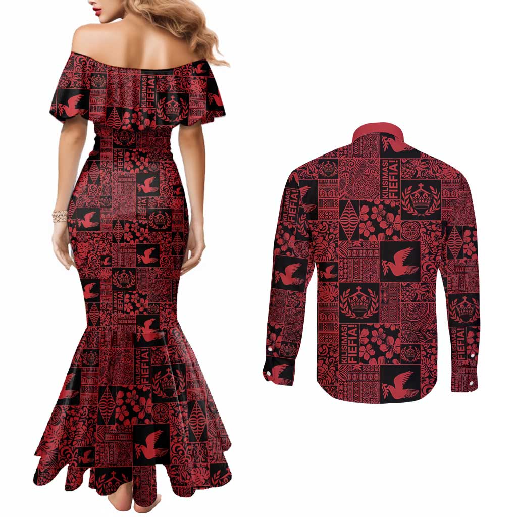 Black Tonga Kilisimasi Fiefia Couples Matching Mermaid Dress and Long Sleeve Button Shirt Pacific Patchwork Xmas Vibes LT9 - Polynesian Pride