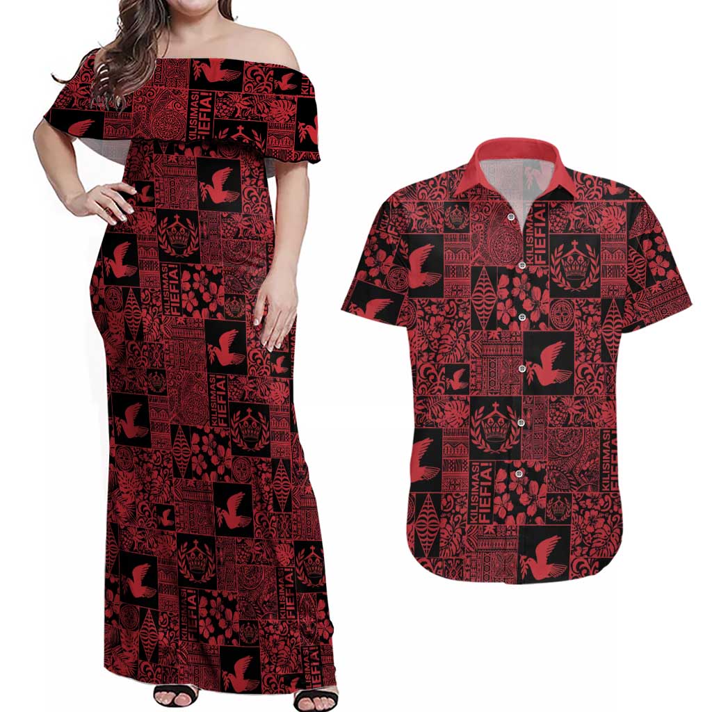 Black Tonga Kilisimasi Fiefia Couples Matching Off Shoulder Maxi Dress and Hawaiian Shirt Pacific Patchwork Xmas Vibes LT9 Black - Polynesian Pride