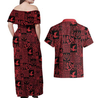 Black Tonga Kilisimasi Fiefia Couples Matching Off Shoulder Maxi Dress and Hawaiian Shirt Pacific Patchwork Xmas Vibes LT9 - Polynesian Pride