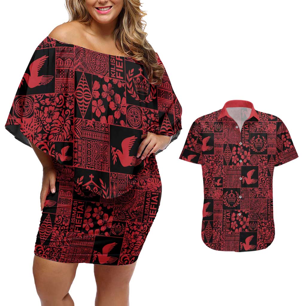 Black Tonga Kilisimasi Fiefia Couples Matching Off Shoulder Short Dress and Hawaiian Shirt Pacific Patchwork Xmas Vibes LT9 Black - Polynesian Pride