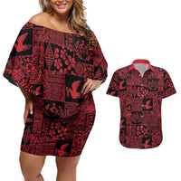 Black Tonga Kilisimasi Fiefia Couples Matching Off Shoulder Short Dress and Hawaiian Shirt Pacific Patchwork Xmas Vibes LT9 Black - Polynesian Pride