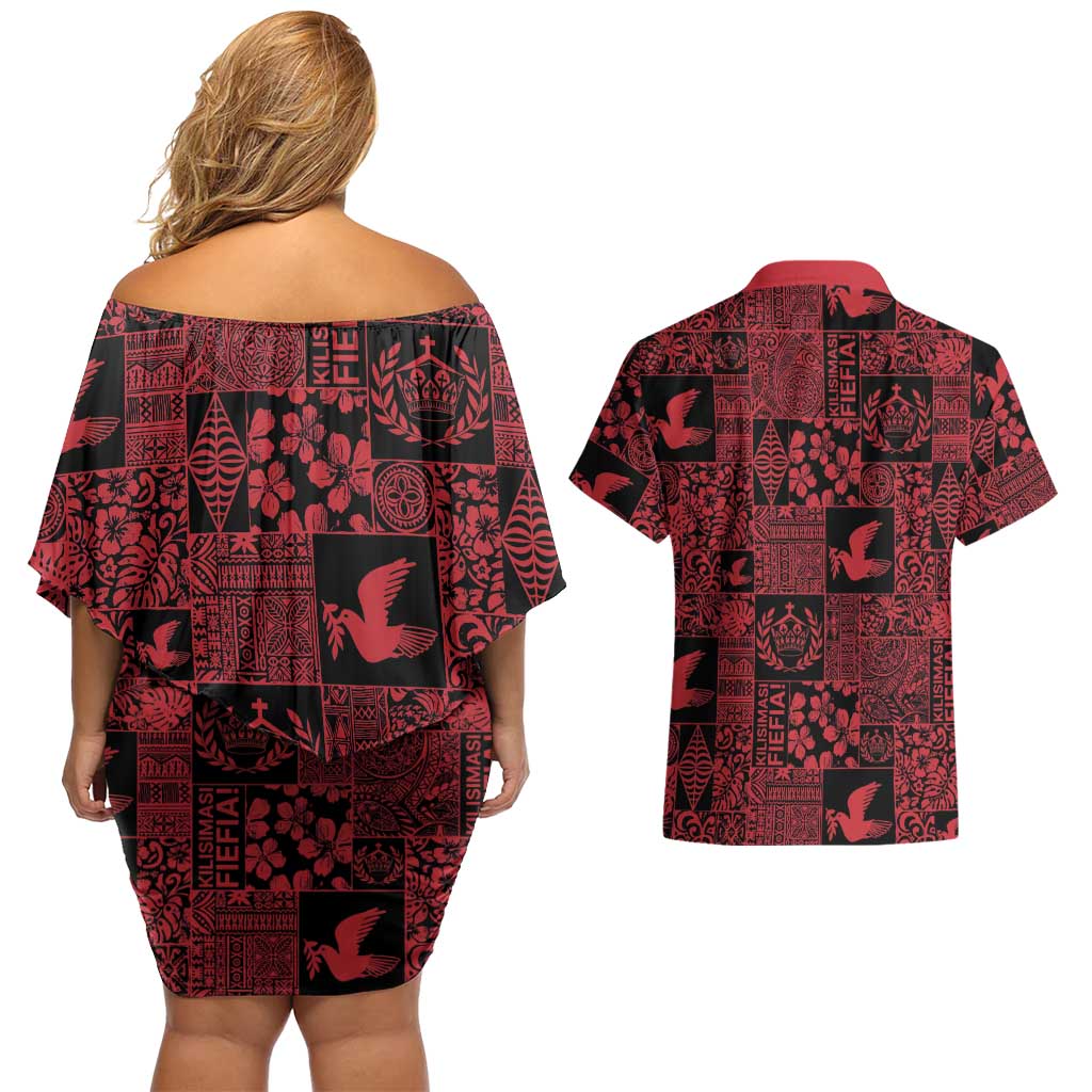 Black Tonga Kilisimasi Fiefia Couples Matching Off Shoulder Short Dress and Hawaiian Shirt Pacific Patchwork Xmas Vibes LT9 - Polynesian Pride