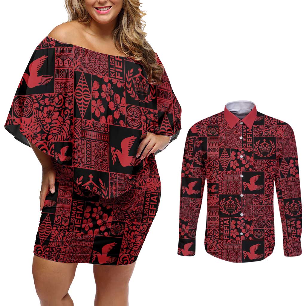 Black Tonga Kilisimasi Fiefia Couples Matching Off Shoulder Short Dress and Long Sleeve Button Shirt Pacific Patchwork Xmas Vibes LT9 Black - Polynesian Pride