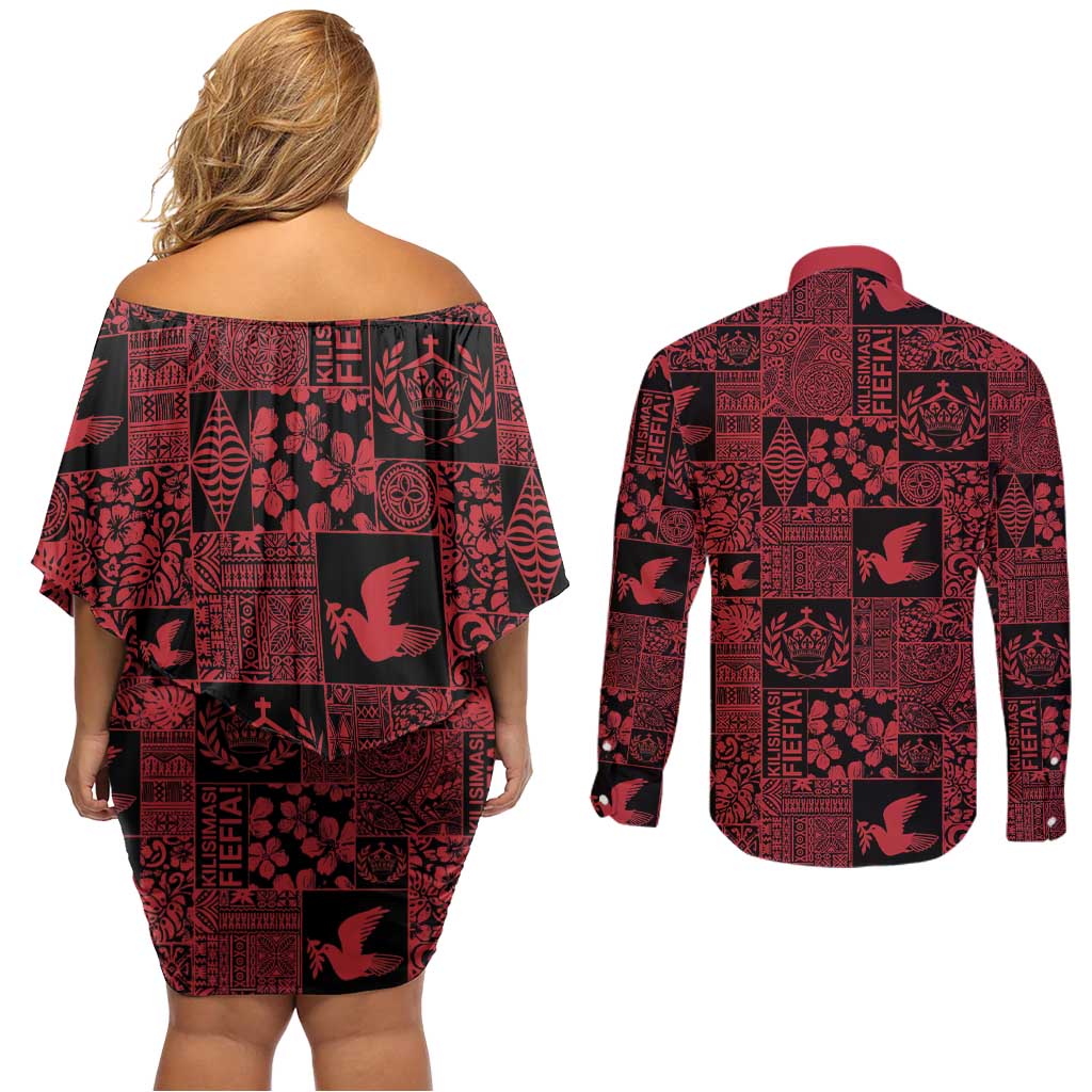 Black Tonga Kilisimasi Fiefia Couples Matching Off Shoulder Short Dress and Long Sleeve Button Shirt Pacific Patchwork Xmas Vibes LT9 - Polynesian Pride
