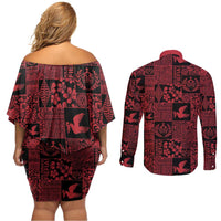 Black Tonga Kilisimasi Fiefia Couples Matching Off Shoulder Short Dress and Long Sleeve Button Shirt Pacific Patchwork Xmas Vibes LT9 - Polynesian Pride