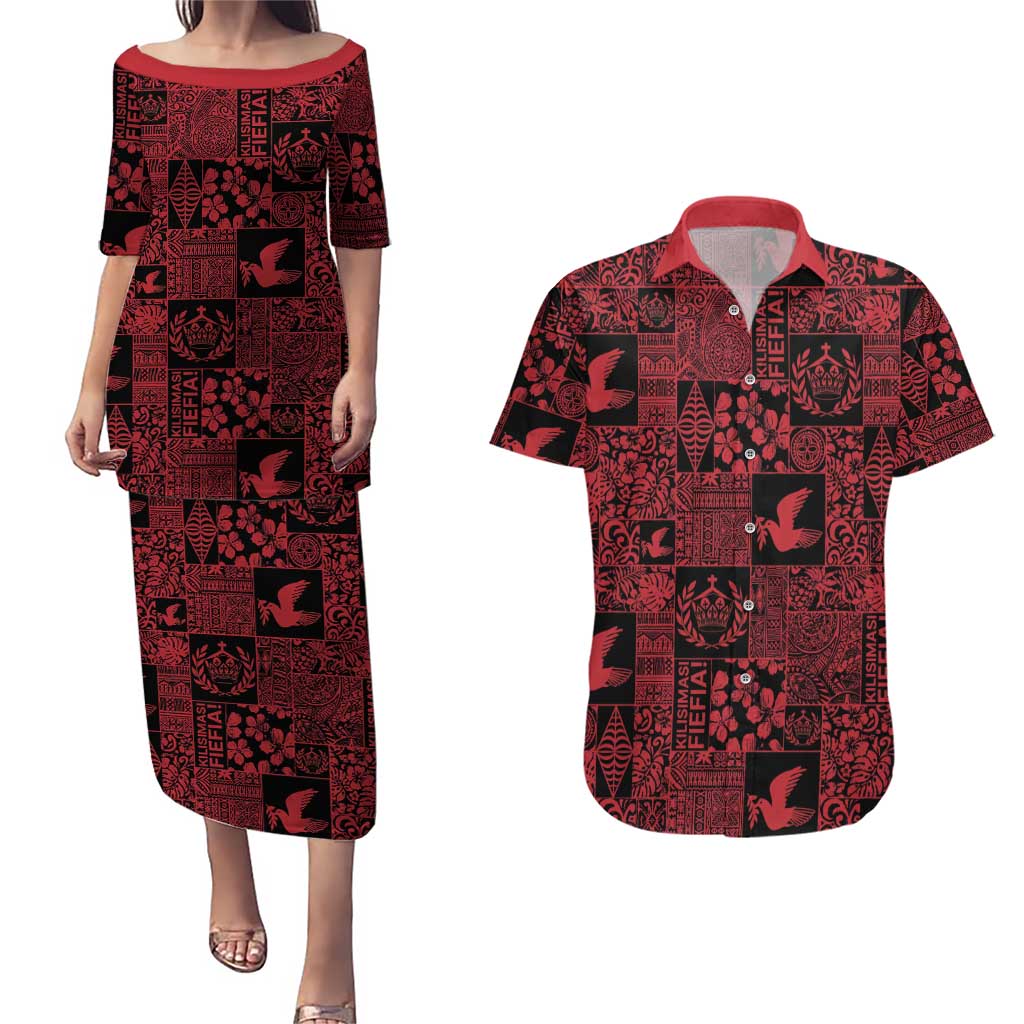 Black Tonga Kilisimasi Fiefia Couples Matching Puletasi and Hawaiian Shirt Pacific Patchwork Xmas Vibes - Polynesian Pride