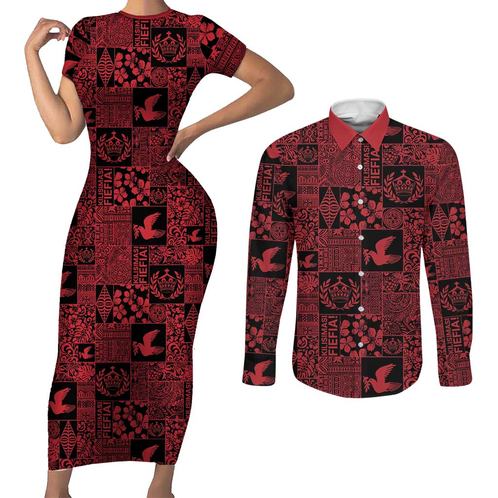 Black Tonga Kilisimasi Fiefia Couples Matching Short Sleeve Bodycon Dress and Long Sleeve Button Shirt Pacific Patchwork Xmas Vibes LT9 Black - Polynesian Pride