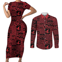 Black Tonga Kilisimasi Fiefia Couples Matching Short Sleeve Bodycon Dress and Long Sleeve Button Shirt Pacific Patchwork Xmas Vibes LT9 Black - Polynesian Pride