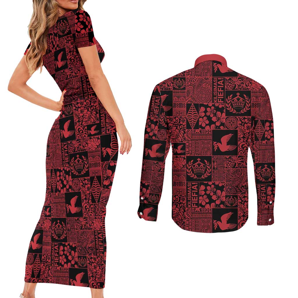 Black Tonga Kilisimasi Fiefia Couples Matching Short Sleeve Bodycon Dress and Long Sleeve Button Shirt Pacific Patchwork Xmas Vibes LT9 - Polynesian Pride