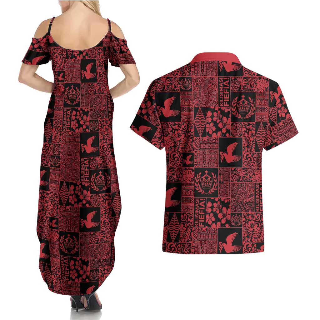 Black Tonga Kilisimasi Fiefia Couples Matching Summer Maxi Dress and Hawaiian Shirt Pacific Patchwork Xmas Vibes LT9 - Polynesian Pride