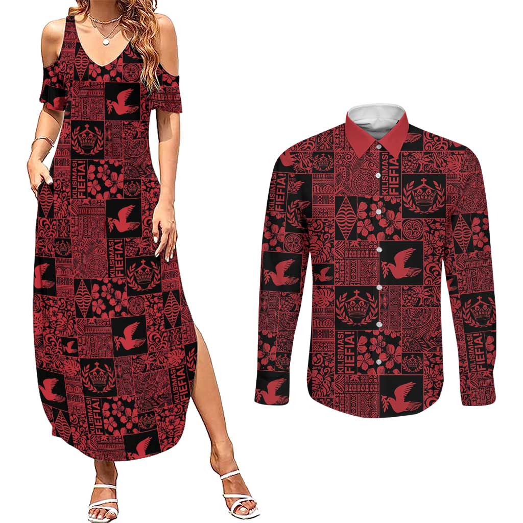 Black Tonga Kilisimasi Fiefia Couples Matching Summer Maxi Dress and Long Sleeve Button Shirt Pacific Patchwork Xmas Vibes LT9 Black - Polynesian Pride