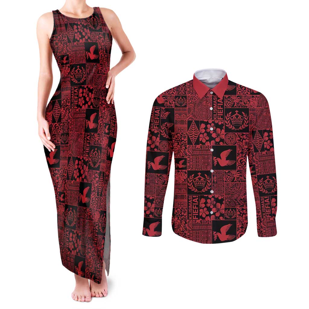 Black Tonga Kilisimasi Fiefia Couples Matching Tank Maxi Dress and Long Sleeve Button Shirt Pacific Patchwork Xmas Vibes - Polynesian Pride