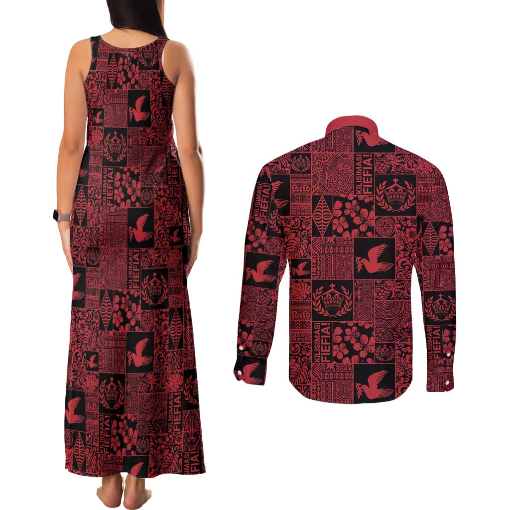 Black Tonga Kilisimasi Fiefia Couples Matching Tank Maxi Dress and Long Sleeve Button Shirt Pacific Patchwork Xmas Vibes - Polynesian Pride