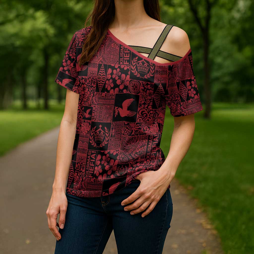 Black Tonga Kilisimasi Fiefia Cross Shoulder Shirt Pacific Patchwork Xmas Vibes - Polynesian Pride