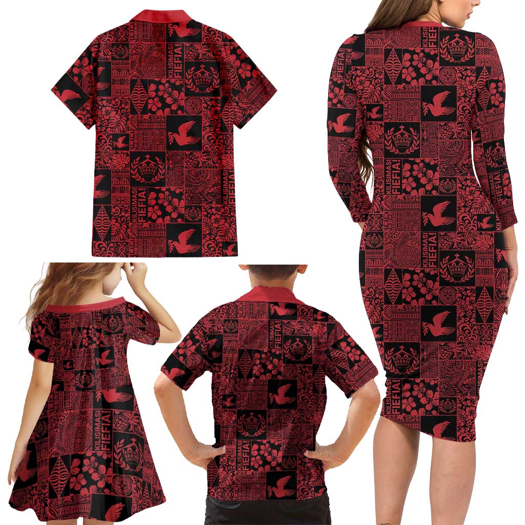 Black Tonga Kilisimasi Fiefia Family Matching Long Sleeve Bodycon Dress and Hawaiian Shirt Pacific Patchwork Xmas Vibes LT9 - Polynesian Pride