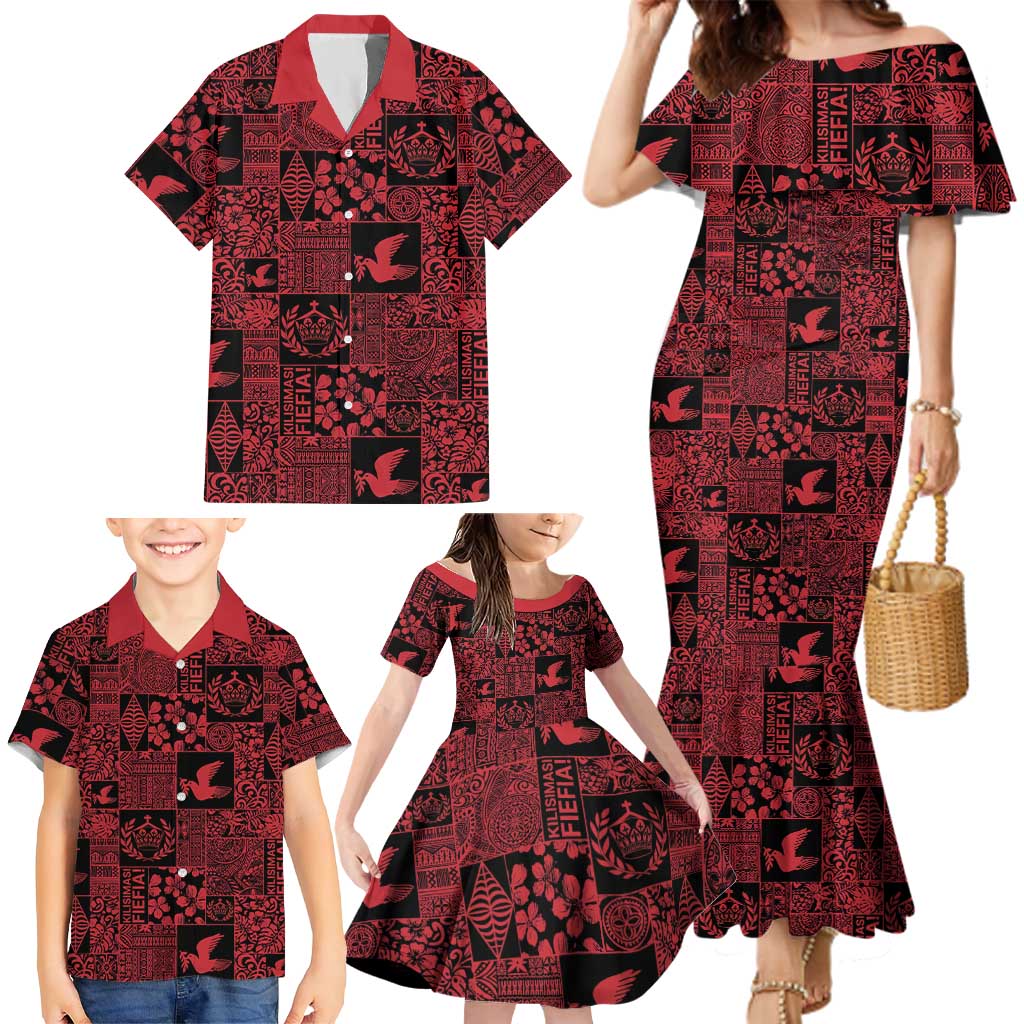 Black Tonga Kilisimasi Fiefia Family Matching Mermaid Dress and Hawaiian Shirt Pacific Patchwork Xmas Vibes - Polynesian Pride