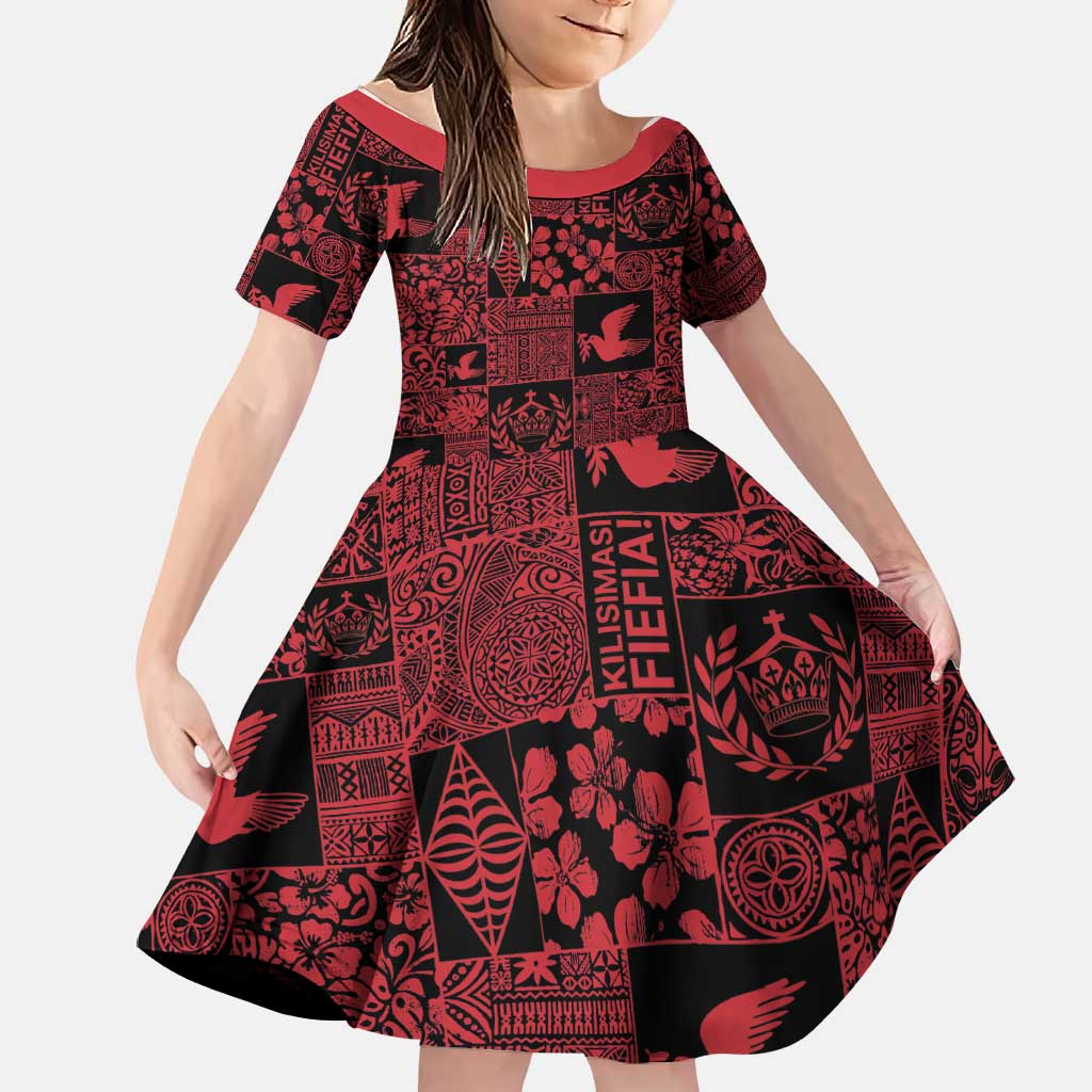 Black Tonga Kilisimasi Fiefia Family Matching Off Shoulder Maxi Dress and Hawaiian Shirt Pacific Patchwork Xmas Vibes LT9 Daughter's Dress Black - Polynesian Pride
