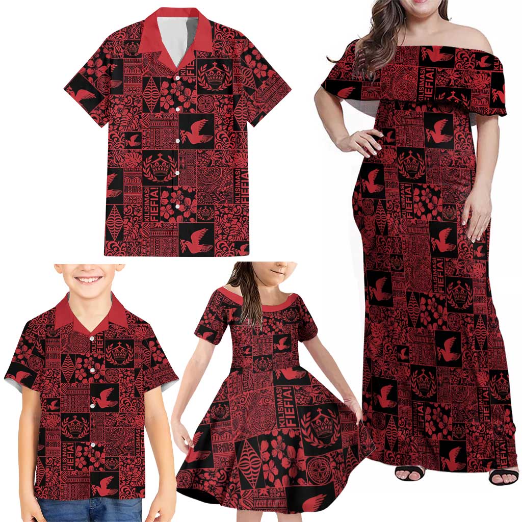 Black Tonga Kilisimasi Fiefia Family Matching Off Shoulder Maxi Dress and Hawaiian Shirt Pacific Patchwork Xmas Vibes LT9 - Polynesian Pride