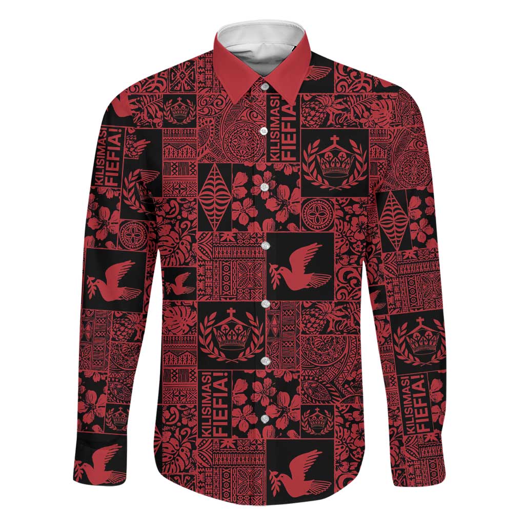Black Tonga Kilisimasi Fiefia Family Matching Off Shoulder Maxi Dress and Hawaiian Shirt Pacific Patchwork Xmas Vibes LT9 Dad's Shirt - Long Sleeve Black - Polynesian Pride