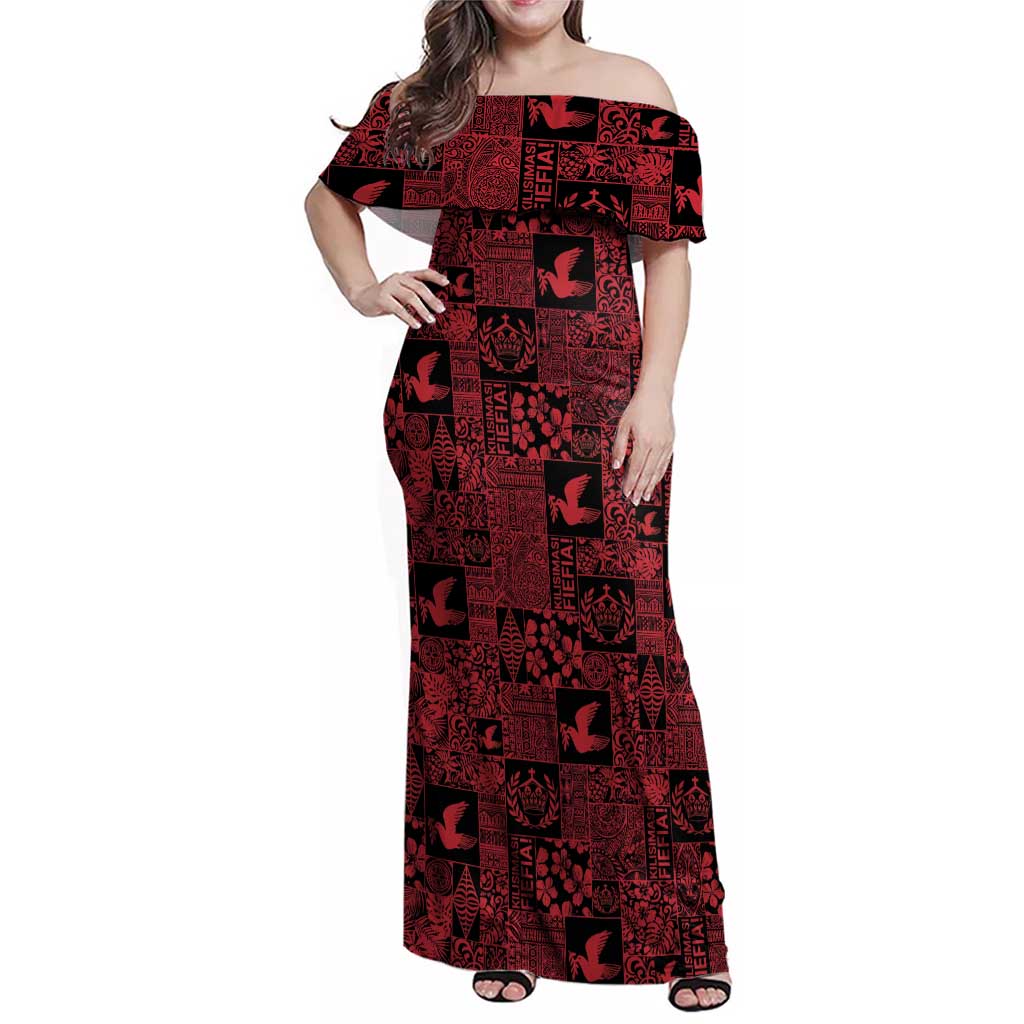 Black Tonga Kilisimasi Fiefia Family Matching Off Shoulder Maxi Dress and Hawaiian Shirt Pacific Patchwork Xmas Vibes LT9 Mom's Dress Black - Polynesian Pride