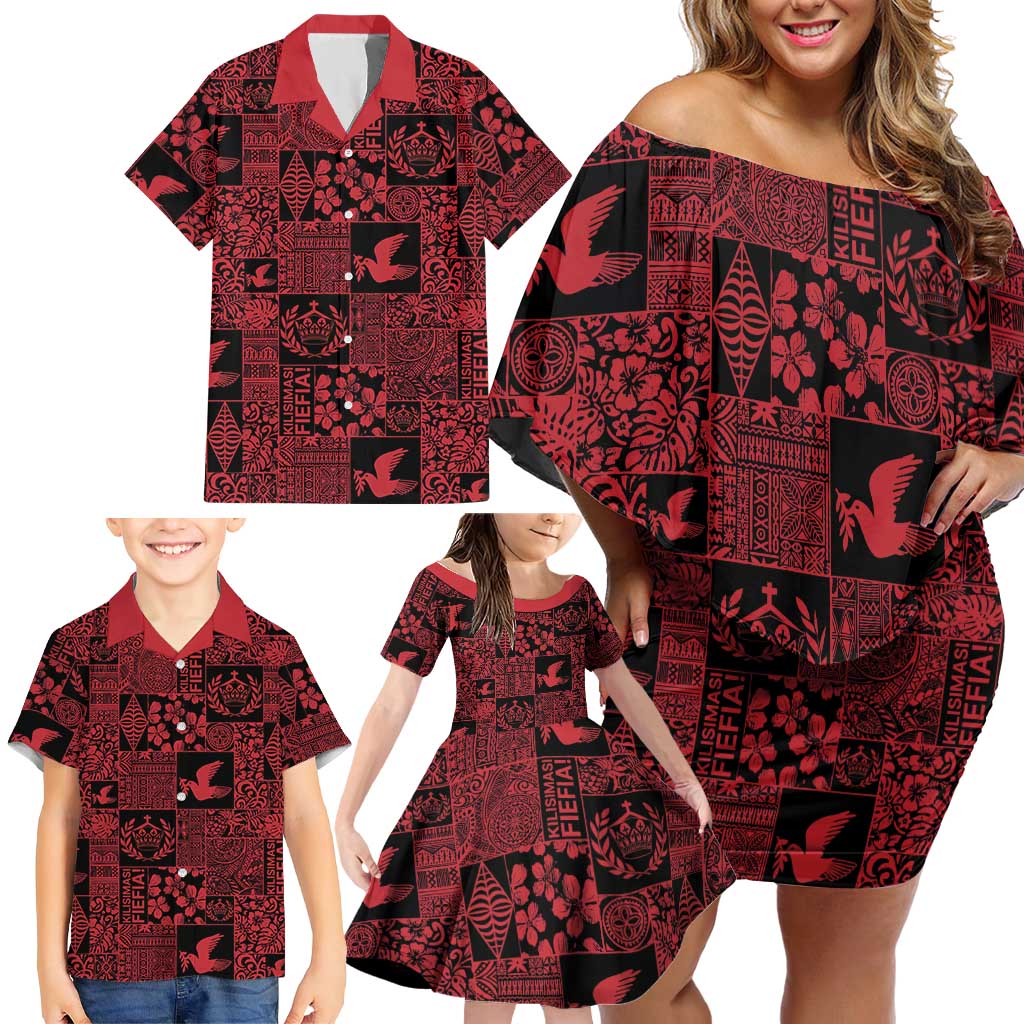 Black Tonga Kilisimasi Fiefia Family Matching Off Shoulder Short Dress and Hawaiian Shirt Pacific Patchwork Xmas Vibes - Polynesian Pride