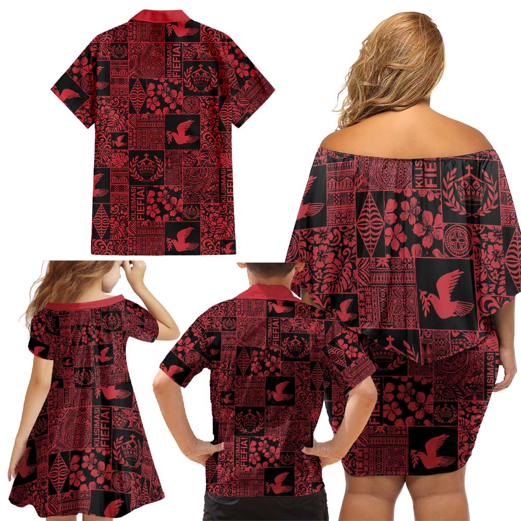 Black Tonga Kilisimasi Fiefia Family Matching Off Shoulder Short Dress and Hawaiian Shirt Pacific Patchwork Xmas Vibes LT9 - Polynesian Pride