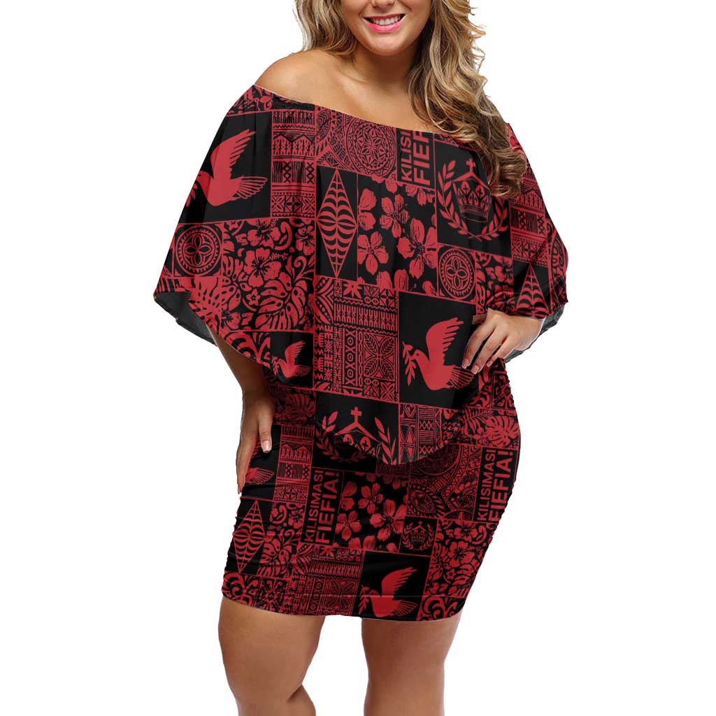 Black Tonga Kilisimasi Fiefia Family Matching Off Shoulder Short Dress and Hawaiian Shirt Pacific Patchwork Xmas Vibes LT9 Mom's Dress Black - Polynesian Pride