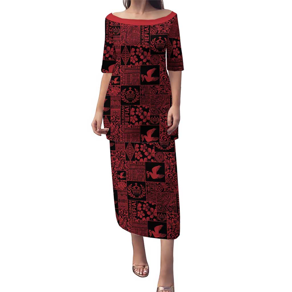 Black Tonga Kilisimasi Fiefia Family Matching Puletasi and Hawaiian Shirt Pacific Patchwork Xmas Vibes LT9 Mom's Dress Black - Polynesian Pride