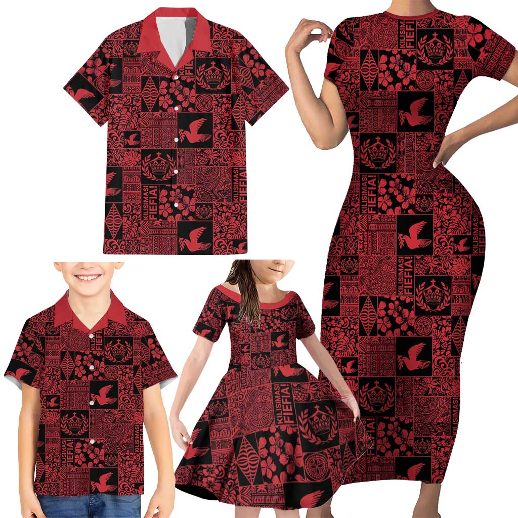 Black Tonga Kilisimasi Fiefia Family Matching Short Sleeve Bodycon Dress and Hawaiian Shirt Pacific Patchwork Xmas Vibes LT9 - Polynesian Pride