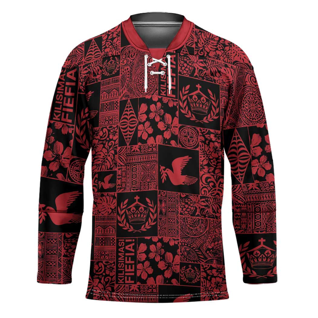 Black Tonga Kilisimasi Fiefia Hockey Jersey Pacific Patchwork Xmas Vibes - Polynesian Pride