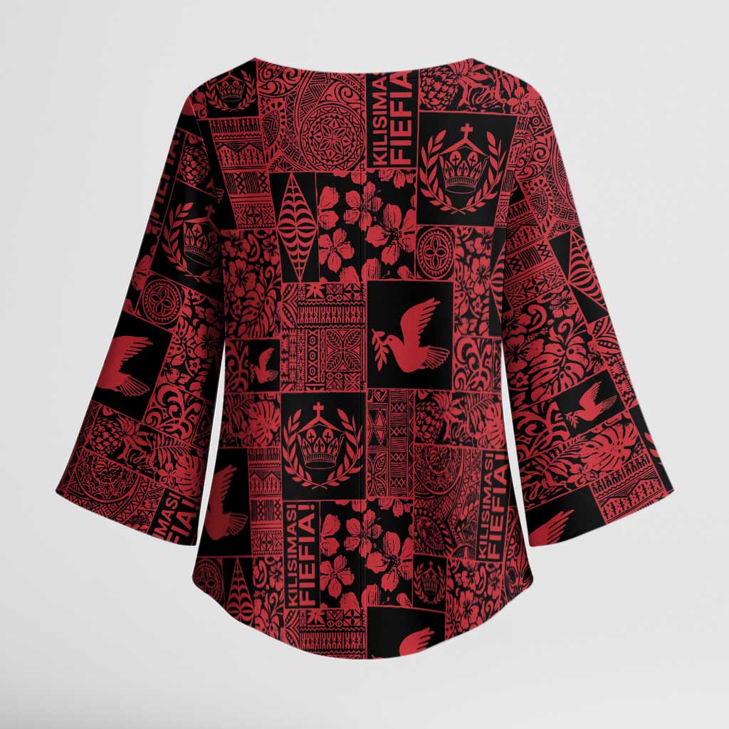 Black Tonga Kilisimasi Fiefia Kimono Sleeve Blouse Pacific Patchwork Xmas Vibes - Polynesian Pride